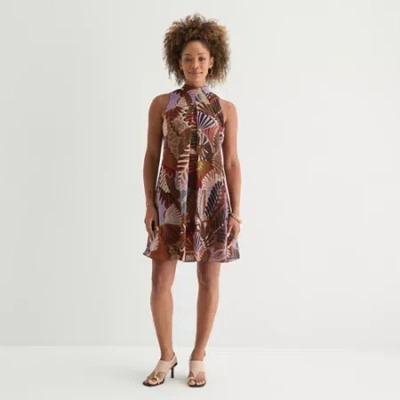 Robbie Bee Womens Sleeveless Leaf Shift Dress In Brown