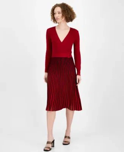 Robbie Bee Womens Two Tone Belted Sweater Dress In Red
