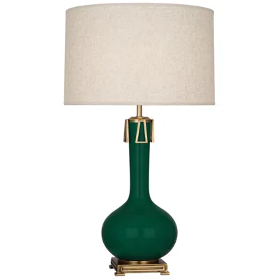 Robert Abbey , Athena, Jungle Glazed Ceramic, Brass Accents, Table Lamp