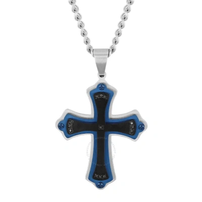 Robert Alton .07ctw Black Diamond Stainless Steel With Black And Blue Finish Men's Cross Pendant In Two-tone
