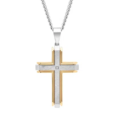 Robert Alton .02 Ctw Stainless Steel With Yellow Finish Men's Diamond Cross Necklace In Two Tone