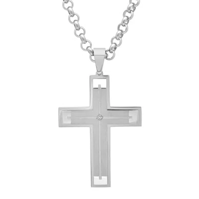 Robert Alton .04 Ctw Stainless Steel Grooved Center Men's Diamond Cross Pendant In Silver Tone
