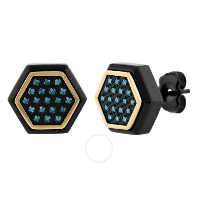 Robert Alton 1 /5ctw Blue Diamond Stainless Steel With Black & Yellow Finish Hexagon Stud Earrings In Two-tone