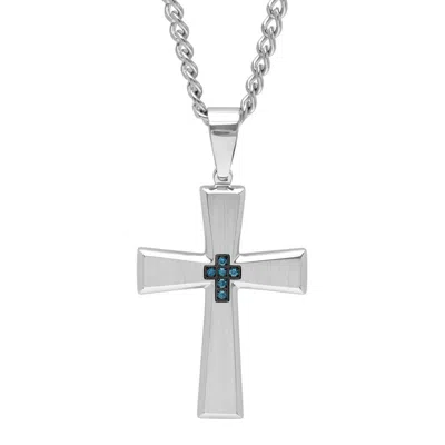 Robert Alton 1/20 Ctw Stainless Steel Men's Blue Diamond Cross Necklace In Silver Tone