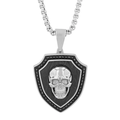 Robert Alton 1/2ctw Black Diamond Stainless Steel With Black & White Finish Skull Pendant In Two-tone