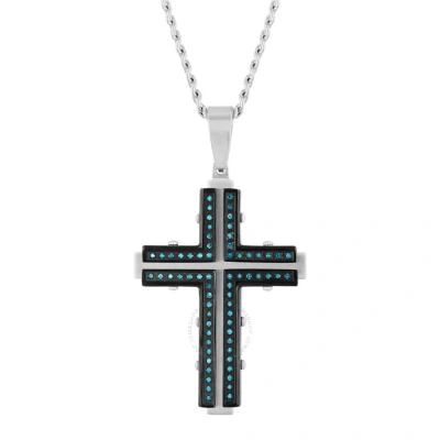 Robert Alton 1/3ctw Blue Diamond Stainless Steel With Black & White Finish Cross Pendant In Tri-color