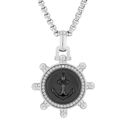 Robert Alton 1/4ctw Stainless Steel Black & White Boat Wheel Anchor Pendant In Two Tone