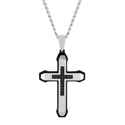 Robert Alton .15 Ctw Rounded-edge Stainless Steel Cross Pendant With Black Diamonds In Two Tone