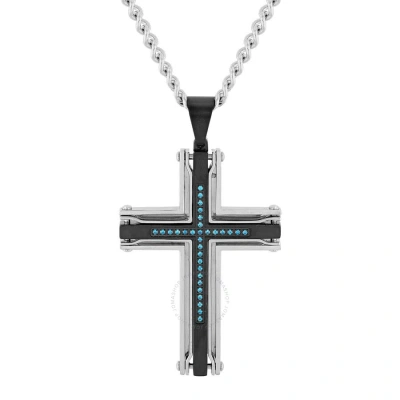 Robert Alton 1/6ctw Blue Diamond Stainless Steel With Black & White Finish Cross Pendant In Tri-color