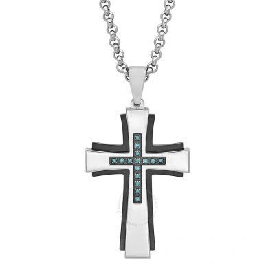 Robert Alton 1/8ctw Blue Diamond Stainless Steel With Black & White Finish Cross Pendant In Tri-color