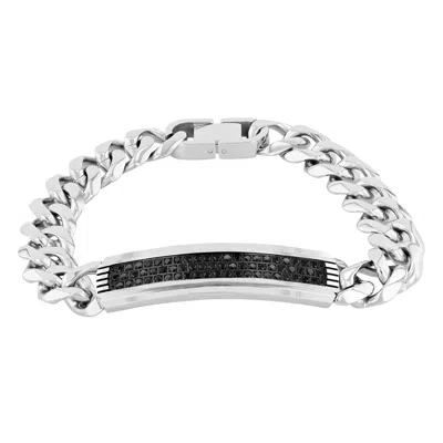 Robert Alton Black Sapphire And Stainless Steel Men's Id Bracelet In Silver Tone