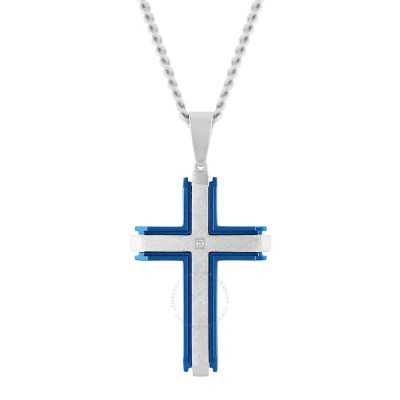 Robert Alton Diamond Accent Stainless Steel With Blue Finish Cross Pendant In White