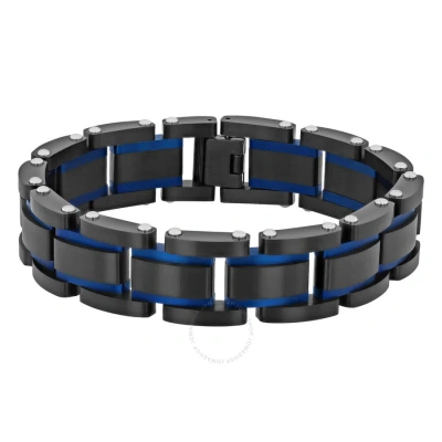 Robert Alton Stainless Steel Black & Blue Textured Mens Link Bracelet In Two-tone