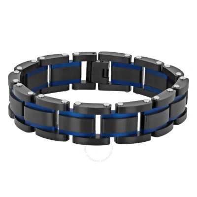 Robert Alton Stainless Steel Black & Blue Textured Men's Link Bracelet In Two-tone