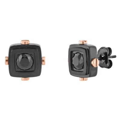 Robert Alton Stainless Steel Black Spinel Black & Rose Finish Cube Design Earring In Two Tone