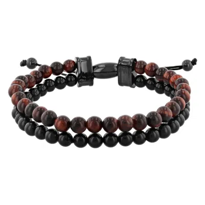 Robert Alton Stainless Steel Tiger Eye & Onyx Bead Bolo Bracelet In Two Tone