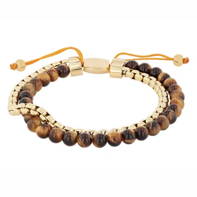 Robert Alton Stainless Steel Tiger Eye Bead Bolo Bracelet In Two Tone