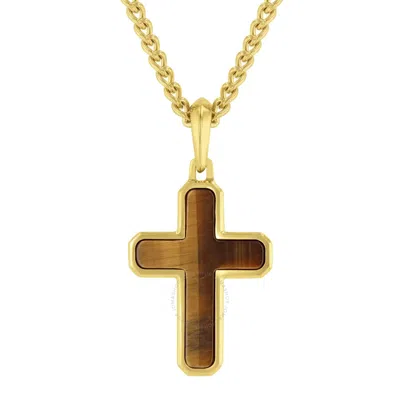 Robert Alton Stainless Steel Tigers Eye Yellow Finish Cross Pendant