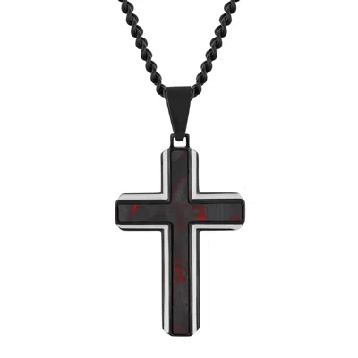 Robert Alton Stainless Steel With Red Forged Carbon Fiber Cross Pendant In Two Tone
