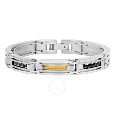 Robert Alton Stainless Steel With Yellow Finish Carbon Fiber & Cable Men's Bracelet In Tri-color