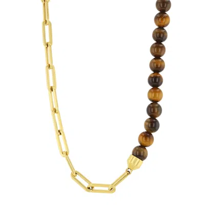 Robert Alton Stainless Steel Yellow Finish & Tiger Eye Beads Necklace In Two Tone