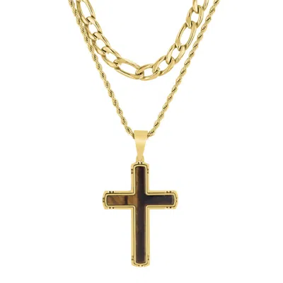 Robert Alton Stainless Steel Yellow Finish Double Chain With Tiger Eye Cross Pendant In Gold Tone
