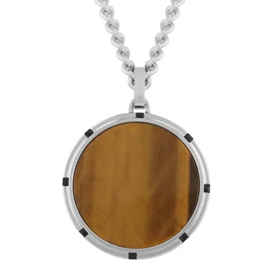 Robert Alton Stainless Steel Yellow Tiger Eye Cross Design On Side Rd Pendant In Two Tone