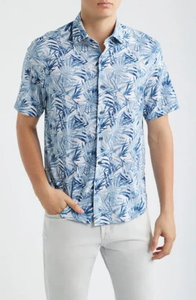 Robert Barakett Keneth Leaf Print Short Sleeve Stretch Cotton Button-up Shirt In Blue