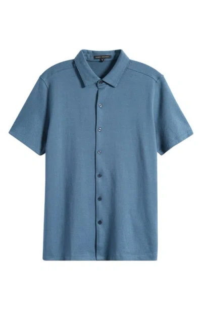 Robert Barakett Nino Herringbone Short Sleeve Cotton Knit Button-up Shirt In Blue