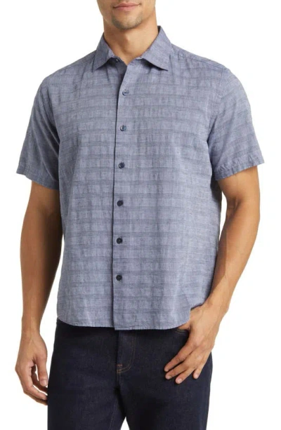 Robert Barakett Tenor Stripe Short Sleeve Cotton & Linen Button-up Shirt In Navy