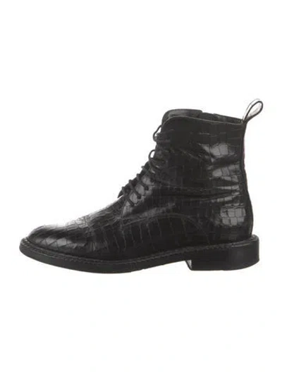 Pre-owned Robert Clergerie Embossed Leather Animal Print Lace-up Boots In Black