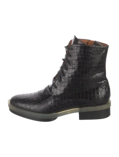 Pre-owned Robert Clergerie Embossed Leather Animal Print Lace-up Boots In Black