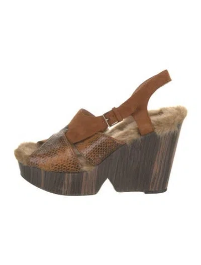 Pre-owned Robert Clergerie Embossed Leather Slingback Sandals In Brown