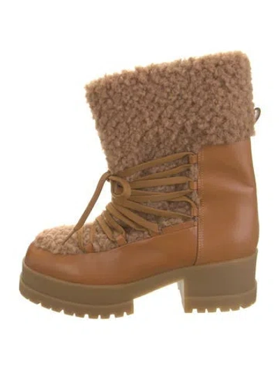 Pre-owned Robert Clergerie Leather Faux Fur Trim Lace-up Boots In Brown