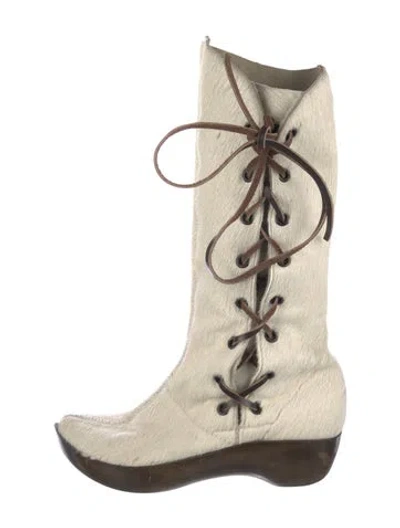 Pre-owned Robert Clergerie Ponyhair Lace-up Boots In White