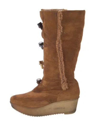Pre-owned Robert Clergerie Suede Fur Trim Lace-up Boots In Neutral