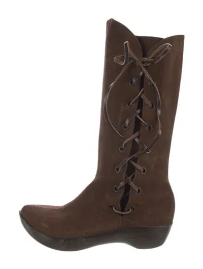 Pre-owned Robert Clergerie Suede Leather Trim Embellishment Western Boots In Brown