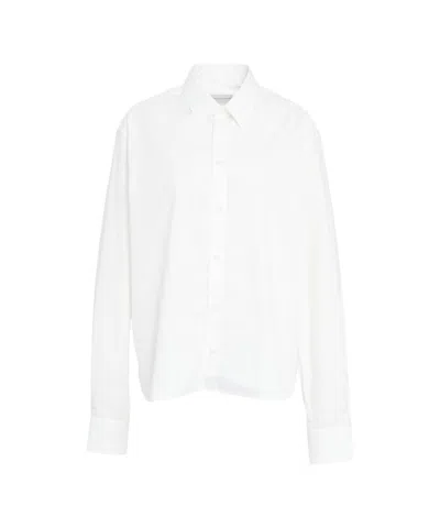 Robert Friedman Mandarin Collar Seersucker Shirt With Rounded Hem In White