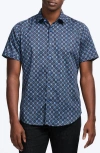 Robert Graham Bramston Medallion Print Short Sleeve Stretch Cotton Button-up Shirt In Blue