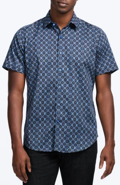Robert Graham Bramston Medallion Print Short Sleeve Stretch Cotton Button-up Shirt In Blue