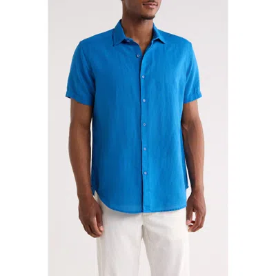 Robert Graham Davis Short Sleeve Linen Blend Button-up Shirt In Blue