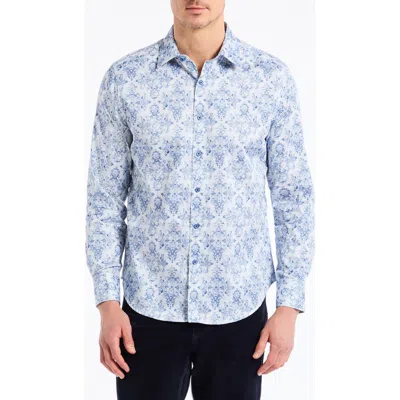 Robert Graham Delancey Damask Print Stretch Cotton Button-up Shirt In Blue