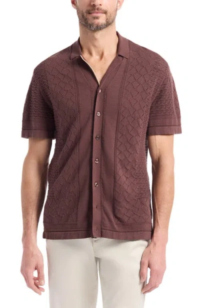 Robert Graham Delmar Short Sleeve Cotton Pointelle Button-up Sweater In Brown