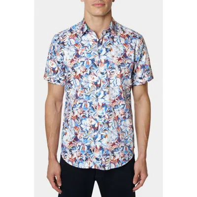 Robert Graham Floral Print Cotton Short Sleeve Button-up Shirt In Blue