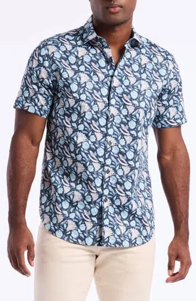 Robert Graham Floral Print Short Sleeve Cotton Button-up Shirt In Blue