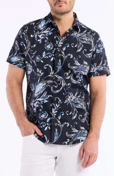 Robert Graham Floral Print Short Sleeve Cotton Button-up Shirt In Blue