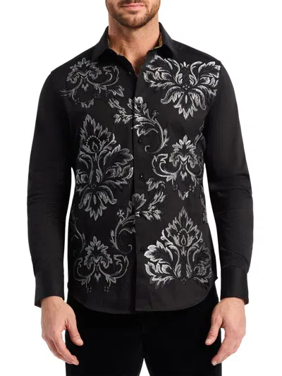 Robert Graham Men's Cheetah Embroidered Damask Button-front Shirt In Black