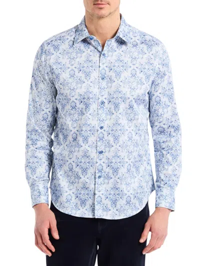 Robert Graham Delancey Damask Print Stretch Cotton Button-up Shirt In Blue
