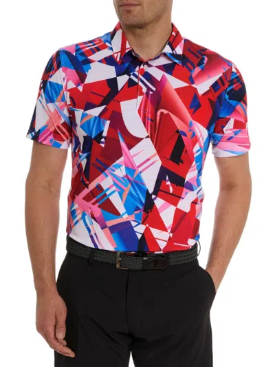 Robert Graham Men's Driftwood Geometric-print Stretch Polo Shirt In Coral