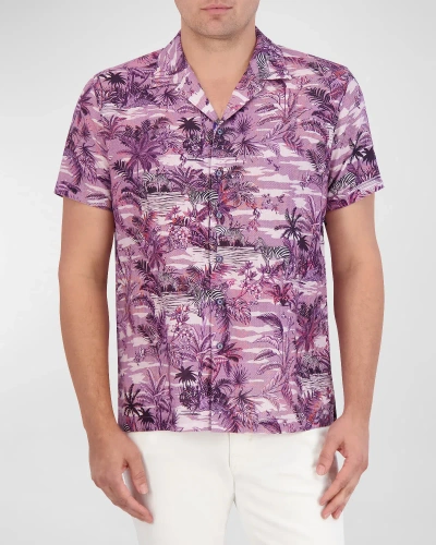 Robert Graham Makara Linen & Cotton Classic Fit Button Down Camp Shirt In Lilac